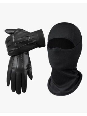 Kiyuycy Winter Balaclava Face Mask PU Leather Gloves